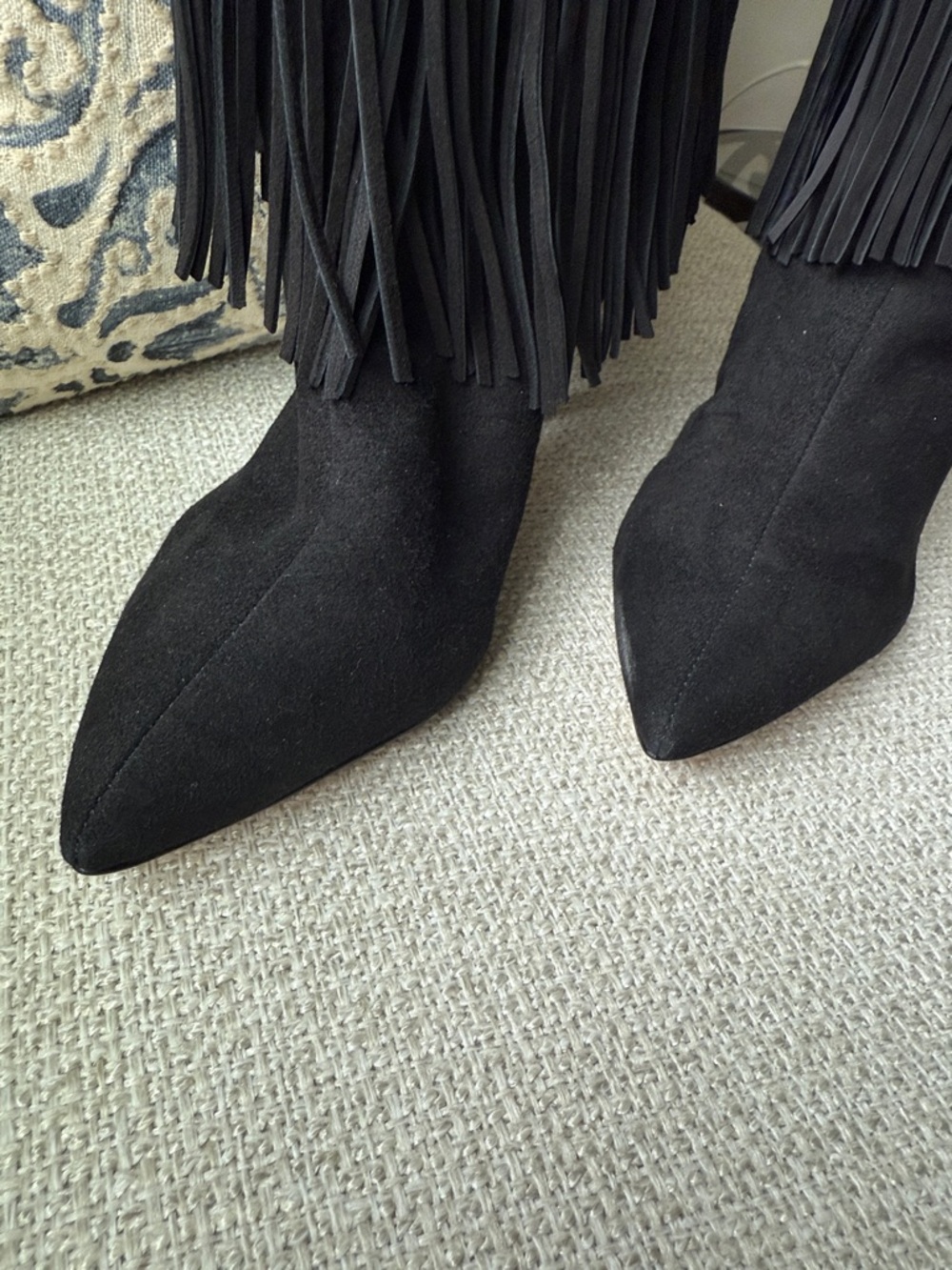 SCHUTZ Black Suede Pointed-Toe Fringe Ankle Booties - Picture 3 of 8